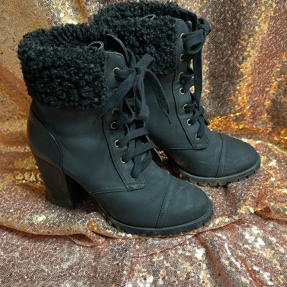 Furry top heeled combat boots - Picture 2 of 2